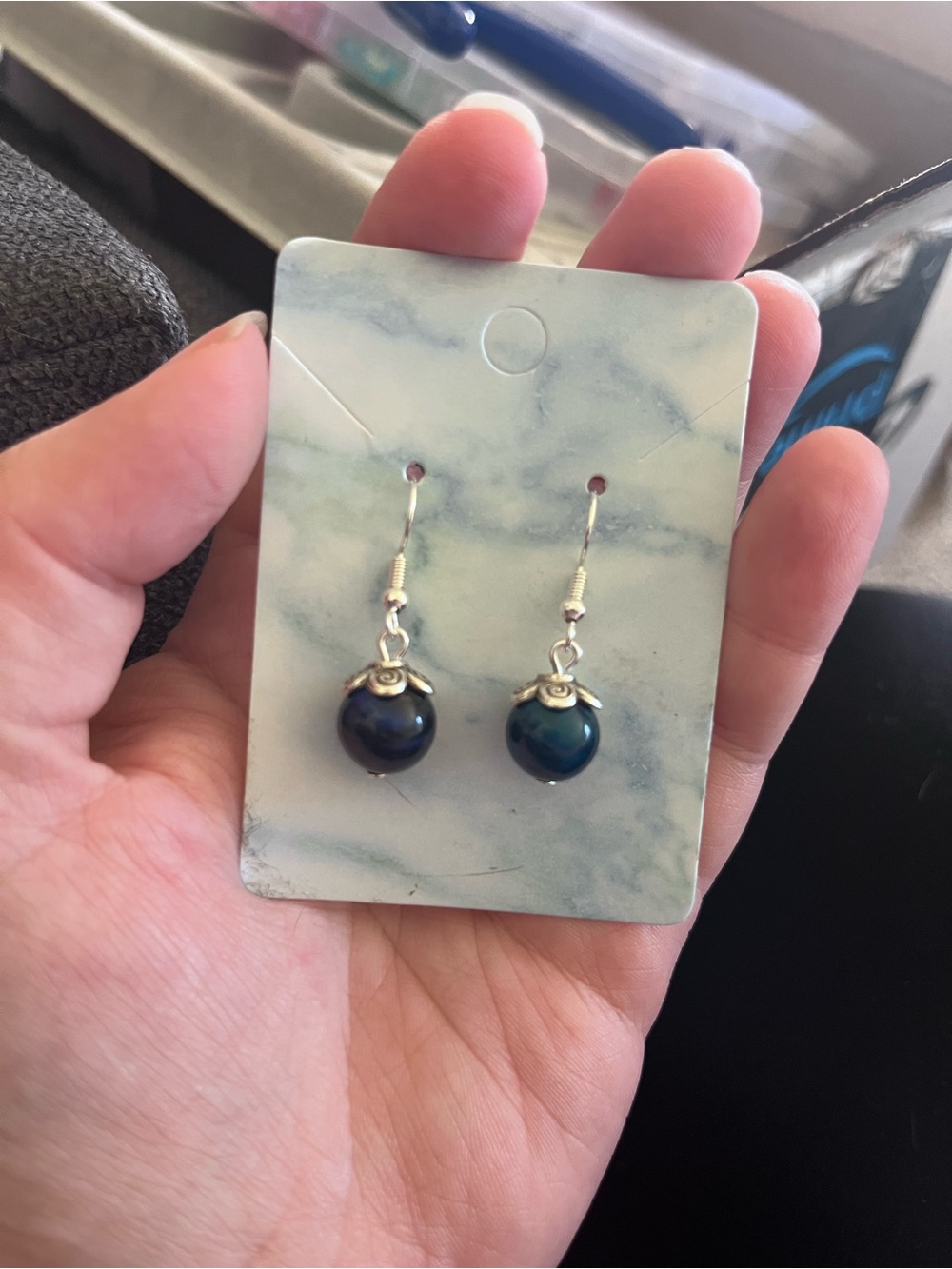 Silver Drop Earrings with Dark Blue Beads handmade - Women Jewelry